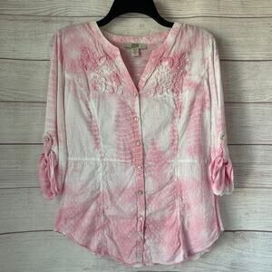 Vintage American Blues Pink Tie Dye Embroidered Button Up Shirt Size M Boho